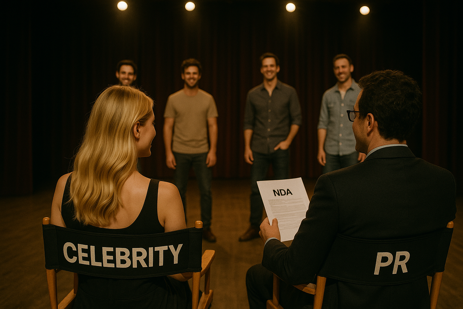 A celebrity and her PR agent sit in director’s chairs marked “CELEBRITY” and “PR,” facing four handsome men on a warmly lit stage, an audition that feels more like selecting a potential date designed to fit a desire public image and impact