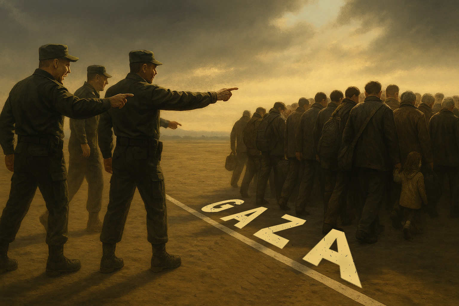 Wide-angle, cinematic painting of three uniformed Israelis soldiers standing by a marked “BORDER” line, pointing and ordering a large crowd of Palestinians civilians who have their backs turned, walking away with their belongings under a dramatic, overcast sky, conveying forced displacement and a stark power imbalance between the armed men in open space and the tightly packed civilians being pushed out of the country.