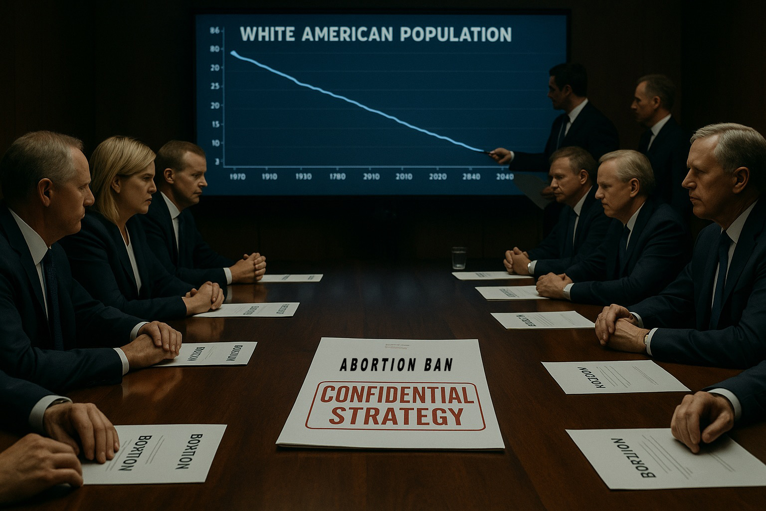 Government boardroom meeting with officials seated around a long wooden table as a large screen displays a declining population trend chart and documents marked confidential.