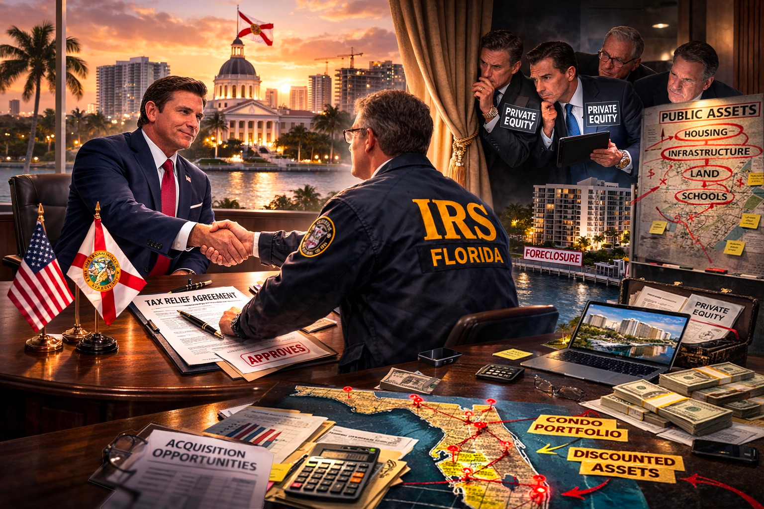 Dark-haired Republican politician shaking hands with an IRS Florida official at a desk, while suited private equity representatives labeled “PRIVATE EQUITY” watch discreetly from behind a curtain, with Florida skyline and real estate documents visible.