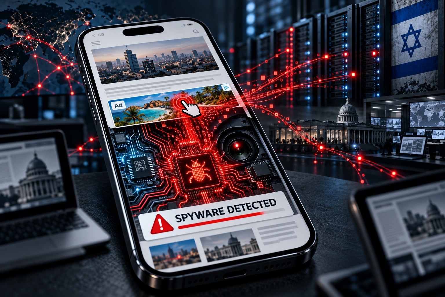Discover-Tech spyware spreading from an online advertisement into a customer smartphone and computer, with red infected circuitry, a surveillance lens, and an Israeli flag beside background servers.