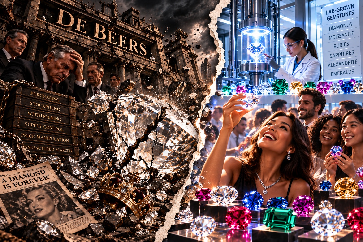 A massive cracked diamond symbolizes the collapse of De Beers’ traditional diamond empire, surrounded by stockpiled diamonds, crumbling buildings, and distressed executives. On the opposite side, a thriving laboratory-grown gemstone industry showcases moissanite, diamonds, rubies, sapphires, and emeralds, with delighted customers celebrating a new era of accessible luxury.